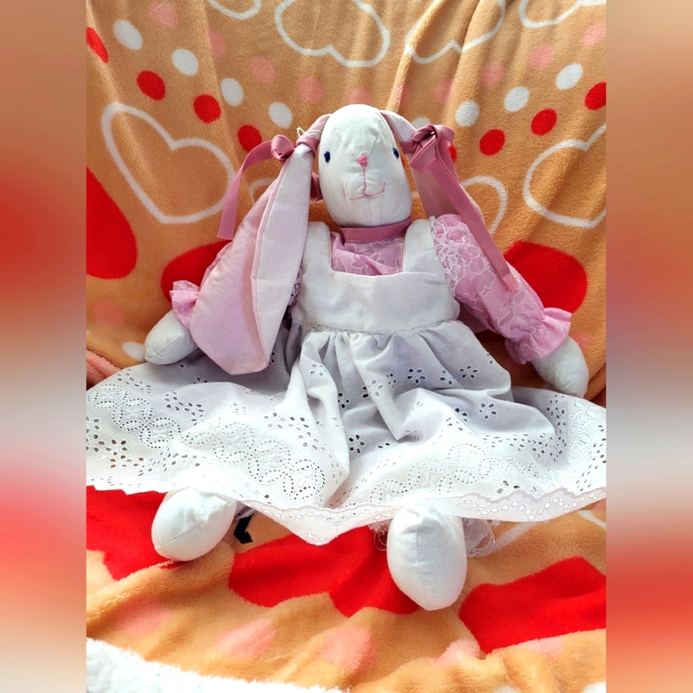 New Handmade Bunny. Pink Dress With A White Pinafore And Bloomers. So Cute